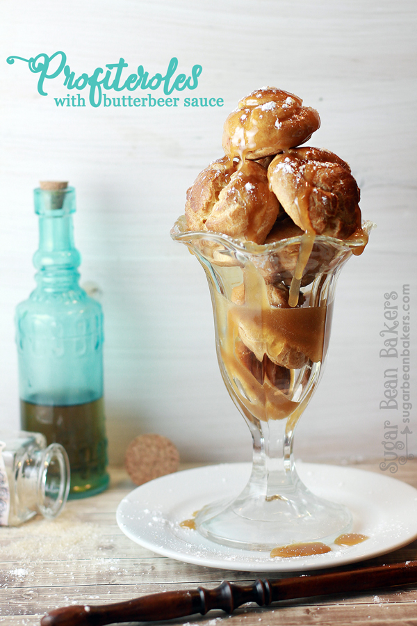 profiteroles in a crystal goblet, drizzled with a caramel-colored sauce