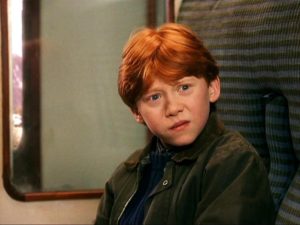 Ron looking incredulous on the Hogwarts Express in Philosopher's Stone