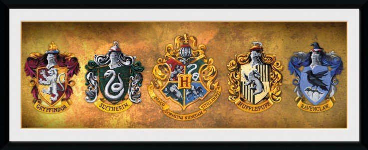 The four Hogwarts house crests and the school crest appear. 