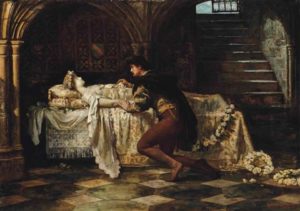Romeo kneeling before Juliet who is laying on a bed