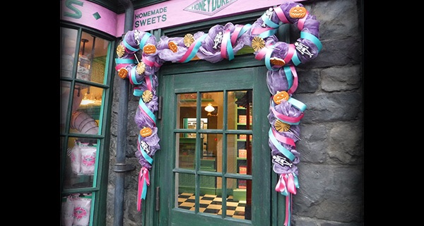 Honeydukes in Hogsmeade decorated for Halloween.