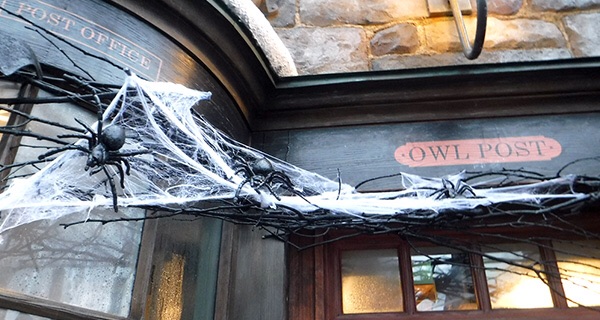 Owl Post at Hogsmeade decorated for Halloween.