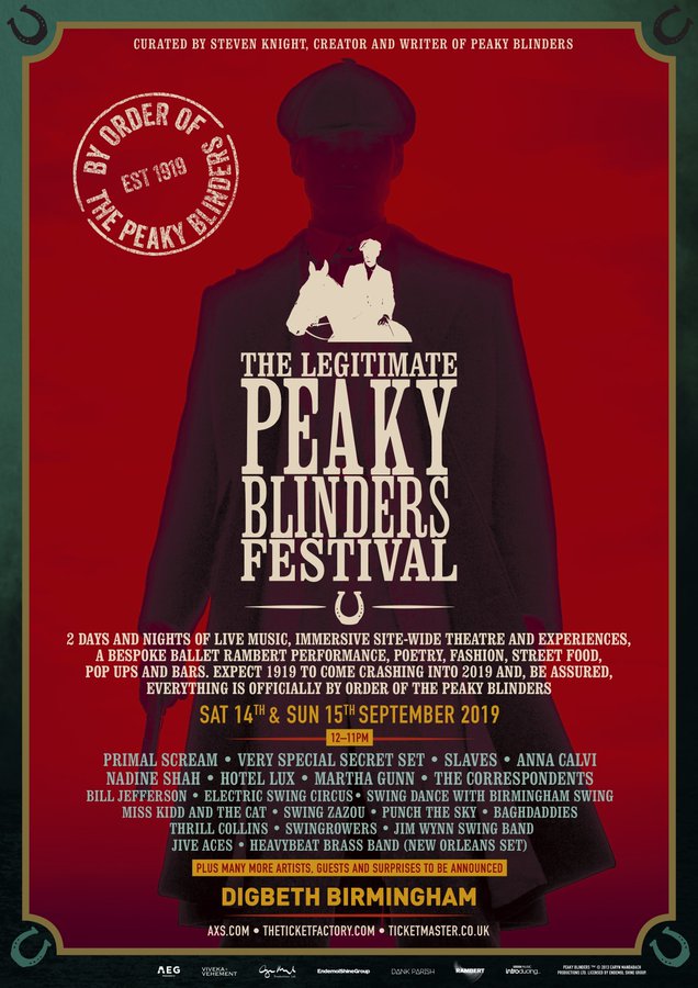 A poster advertises events at an upcoming "Peaky Blinders" festival.