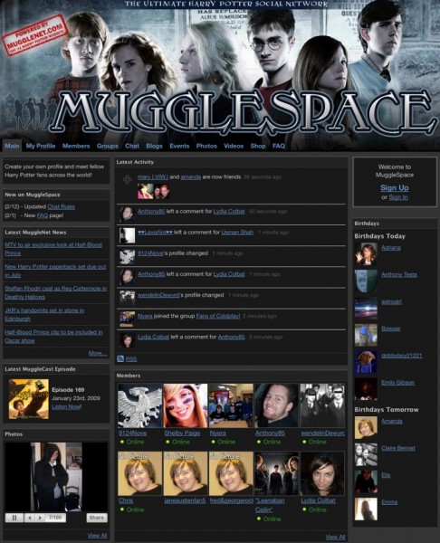 Landing Page for MuggleSpace in 2009