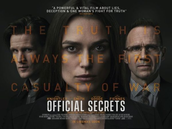Ralph Fiennes, Matt Smith, and Keira Knightley are featured in the post for "Official Secrets".