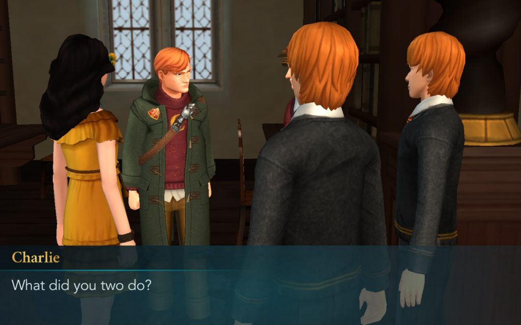 Charlie Weasley asks his brothers, Fred and George, what they've done in "Harry Potter: Hogwarts Mystery".