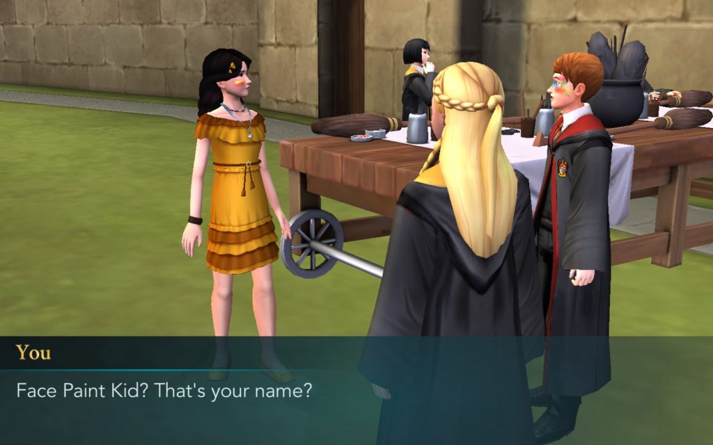 A "Harry Potter: Hogwarts Mystery" character asks Face Paint Kid if that's really his name. Apparently, it is.