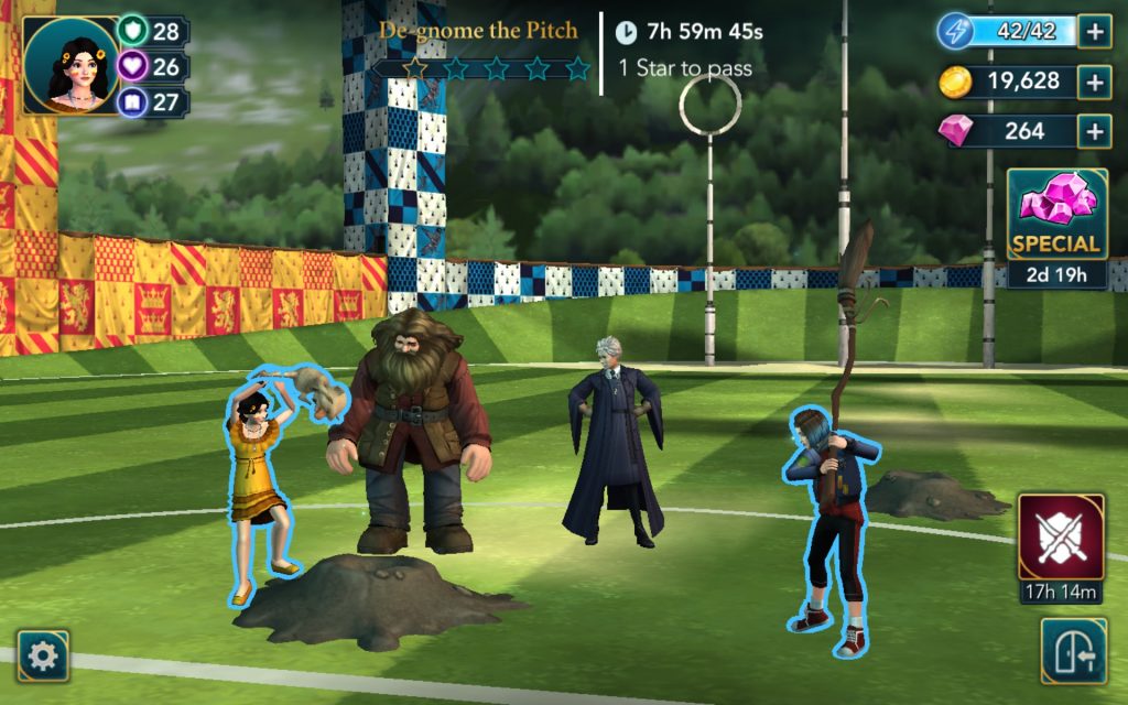 "Harry Potter: Hogwarts Mystery" characters de-gnome the Quidditch Stadium.