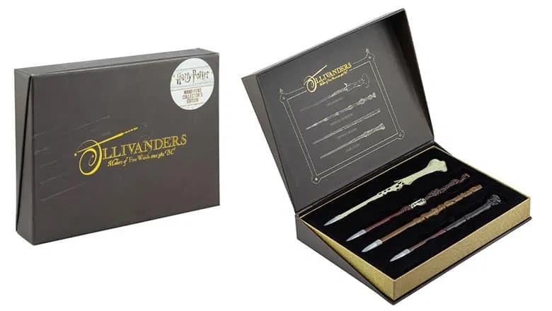 This Ollivanders pen set features four pens crafted to replicate the wands of Harry Potter, Hermione Granger, Albus Dumbledore, and Lord Voldemort.