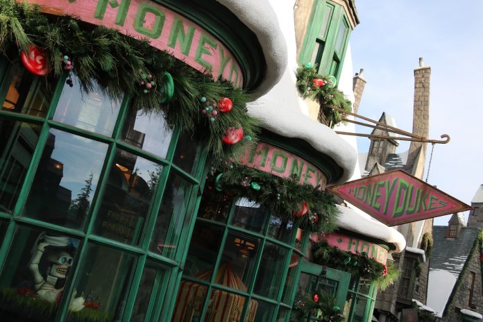 Image of Honeydukes decked out for the holiday season