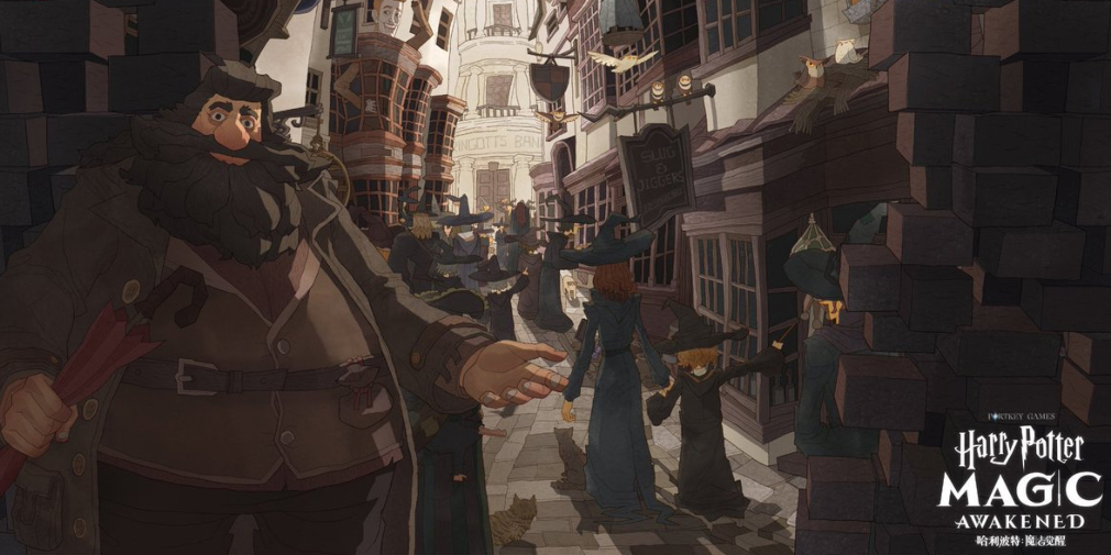 Hagrid and Diagon Alley are pictured in a screenshot from "Harry Potter: Magic Awakened".