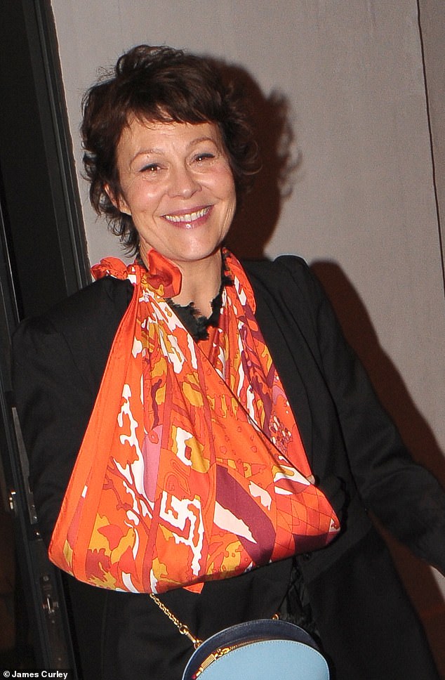 Helen McCrory leaves the after party for "One Voice: Cracked" with her arm in a makeshift sling but a smile on her face.