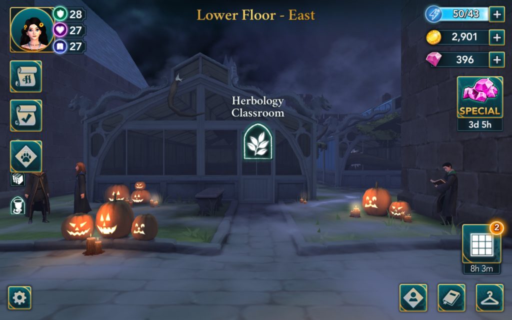 The area around the Herbology Classroom in "Harry Potter: Hogwarts Mystery" is all decked out for Halloween.