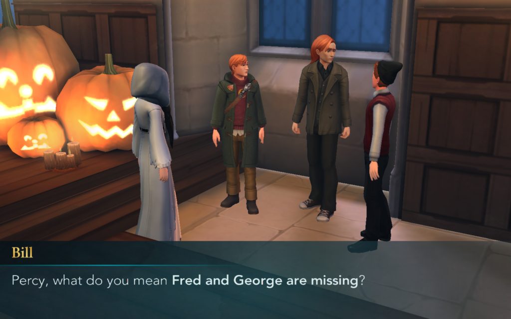 Bill and Charlie Weasley are shocked (although why, we don't know) that Fred and George are missing.