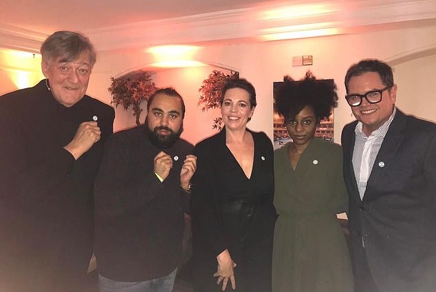 Stephen Fry, Asim Chaudry, Olivia Colman, Crystal Clarke, and Alan Carr show off their Extinction Rebellion buttons.