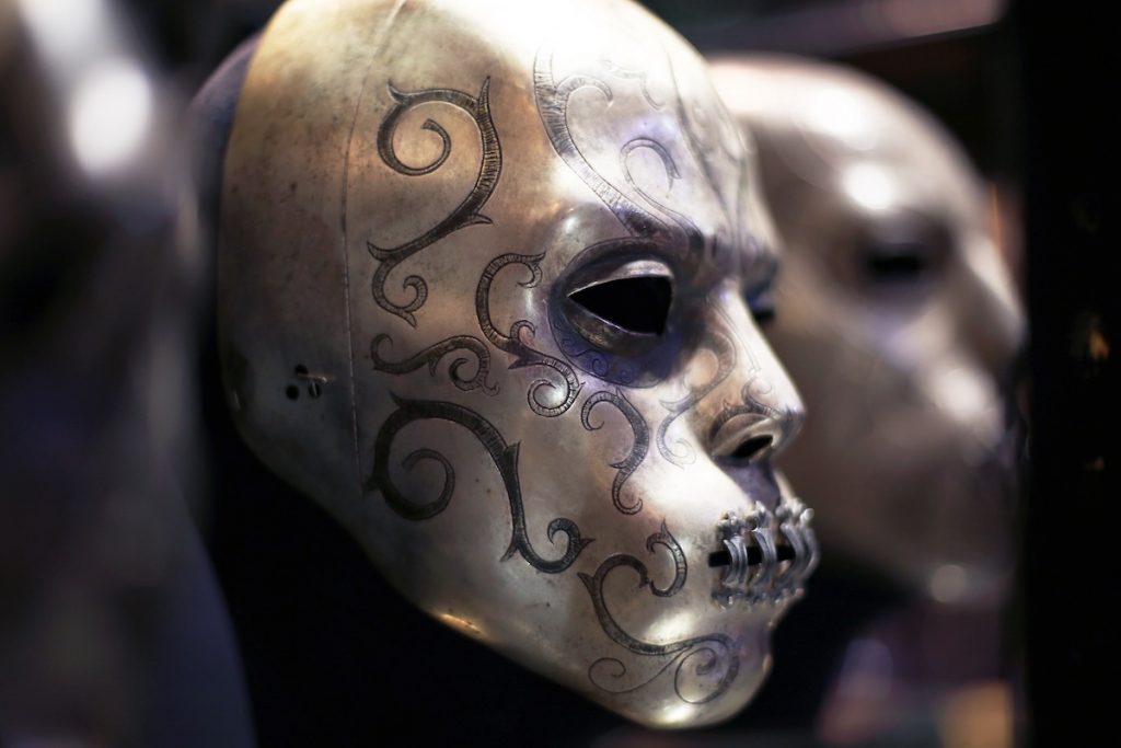 A close up of a Death Eater Mask at the Warner Bros. Studio Tour,