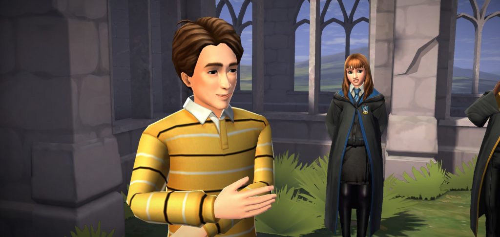 A screenshot from "Harry Potter: Hogwarts Mystery" shows Cedric Diggory.