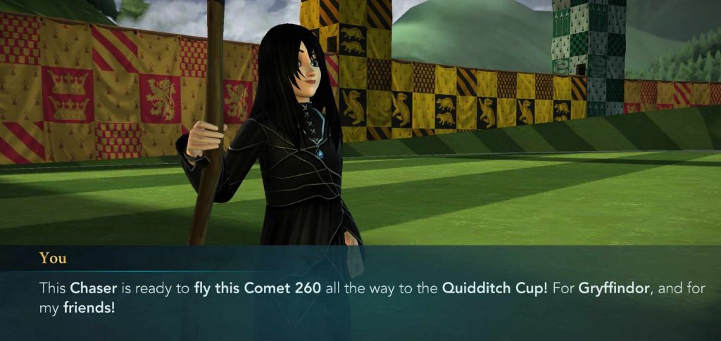 A screenshot from "Harry Potter: Hogwarts Mystery" shows a character with her new Comet 260 broom.