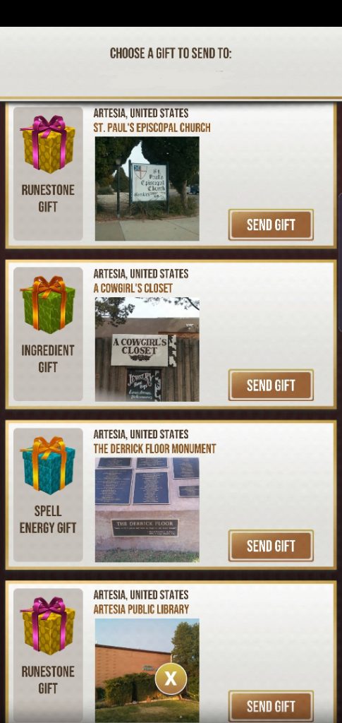 This screenshot shows the gifting screen from "Harry Potter: Wizards Unite".