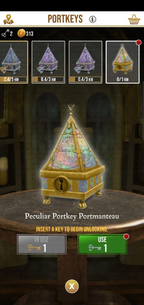 This screenshot shows a Peculiar Portkey Portmanteau from "Harry Potter: Wizards Unite".