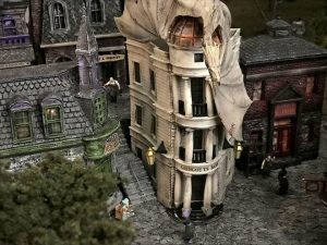 A miniature version of Gringotts Bank in Diagon Alley with a dragon on the roof.