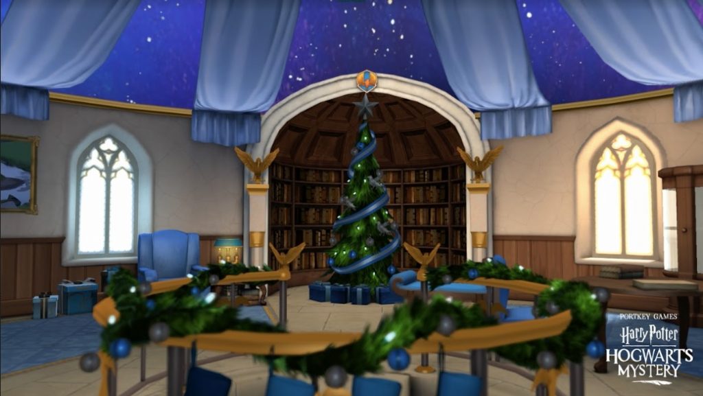The Ravenclaw Common Room is decorated for Christmas in "Harry Potter: Hogwarts Mystery".