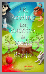 A colorful image shows a tree stump in the center, with growing vines, a bleeding heart in a chest, a rabbit with a stick in its mouth, a brass cauldron with a human foot, a hooded skeleton, and a fountain are spread around the edges of the image. Spanish text is overlaid on top of the image.