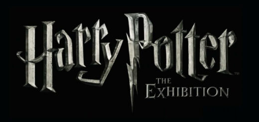 Black background with Harry Potter the Exhibition in white letters