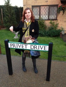 Victoria posing with the sign for Privet Drive