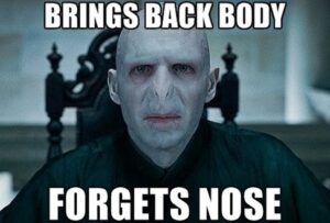 meme of voldemort that reads "brings back body, forgets nose"