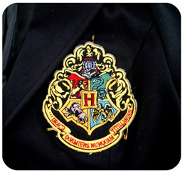 A close-up photo of a Hogwarts school crest badge on a dark-colored blazer