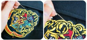 Two photos side by side. On the left is a Hogwarts school crest badge on a black blazer, secured by safety pins. A hand is shown with a threaded needle, presumably stitching the crest onto the fabric. The photo on the right shows a closer view of the same.
