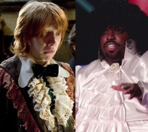 comparison image of ron weasley in his dress robes with ceelo green wearing a similar-looking ruffled blouse