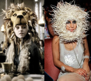 luna lovegood is shown wearing her gryffindor lion hat. Lady Gaga is on the other side of the image wearing an extravagant headpiece that resembles a lion's mane