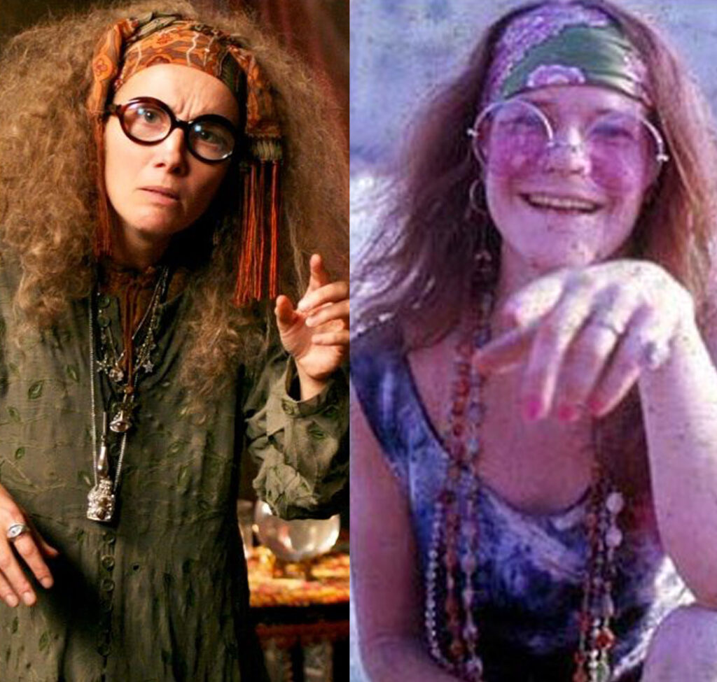 professor trelawney and janis joplin sporting similar hair, headbands, glasses, and poses