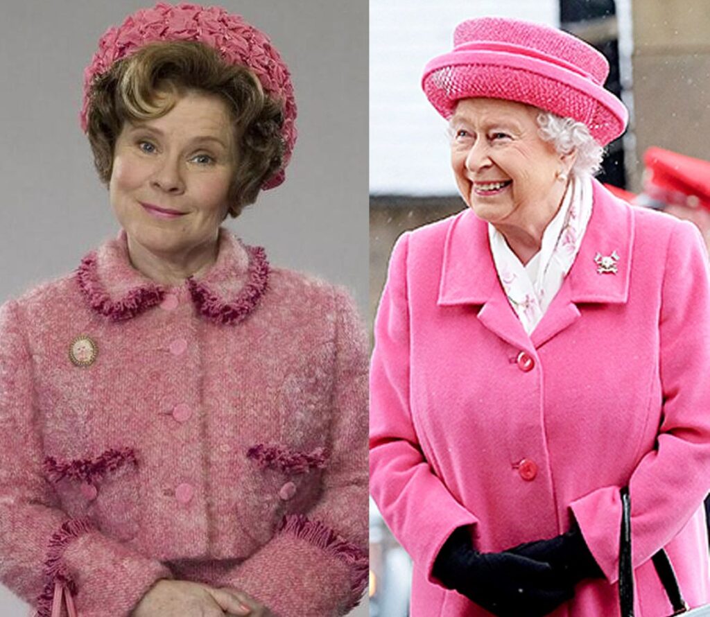 Dolores Umbridge and Queen Elizabeth II shown wearing nearly-identical pink suits with matching hats