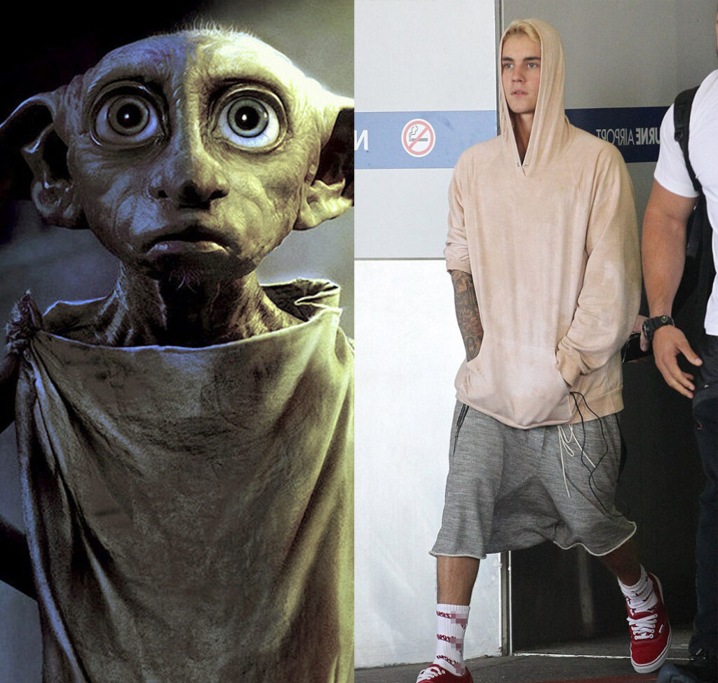 dobby shown next to justin beiber, who is wearing a large beige hoodie that looks similar to dobby's pillowcase dress