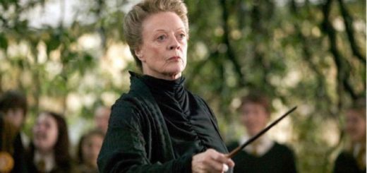 Minerva McGonagall grimly brandishing her wand