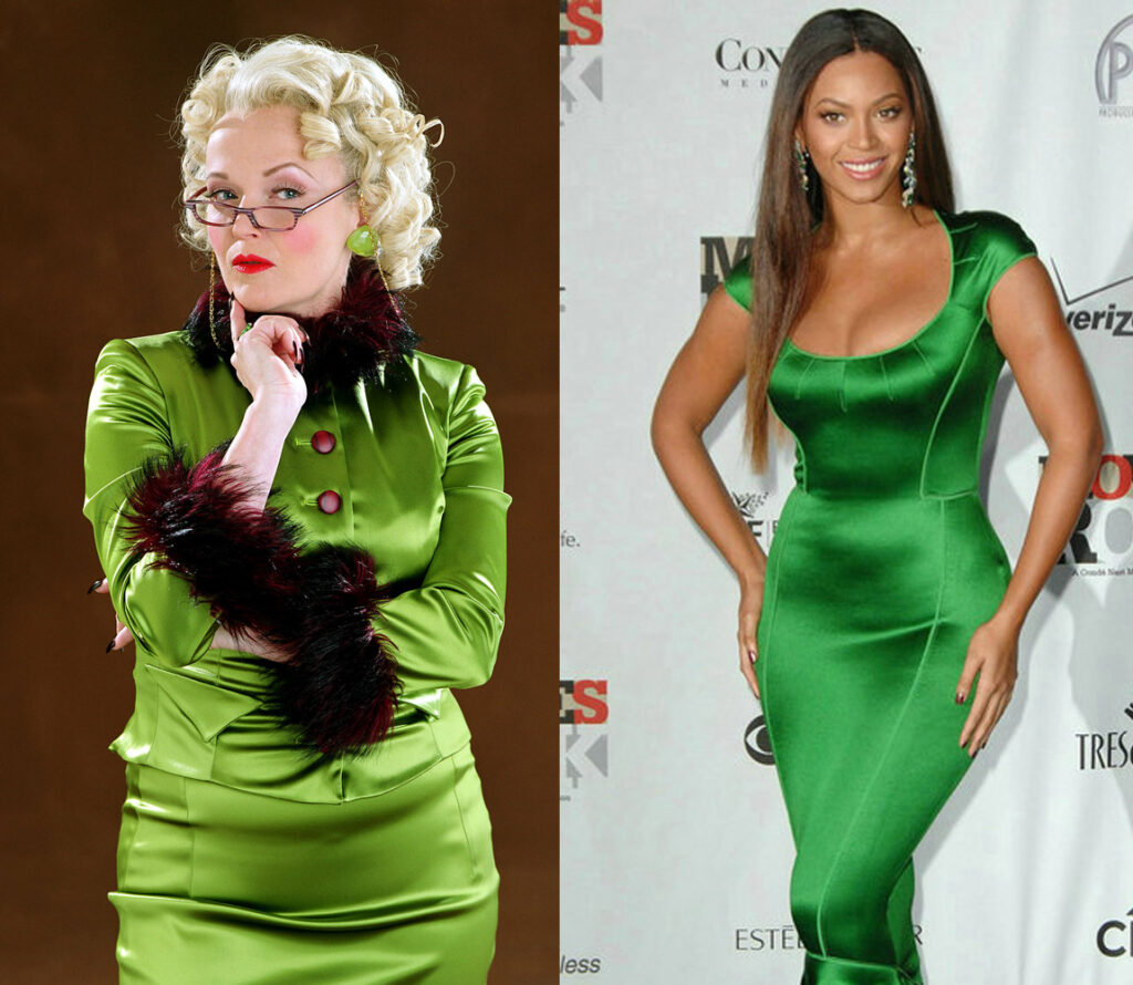 rita skeeter and beyonce, both wearing bright, tight-fitting silky green dresses