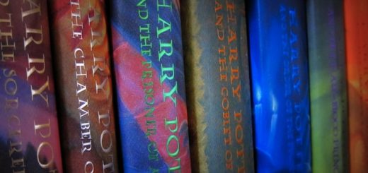Close-up on the spines of Harry Potter books
