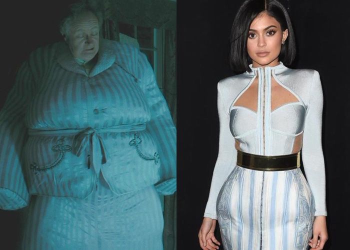 horace slughorn mid- transformation from armchair to man, compared to kylie jenner in a strange silky bodysuit