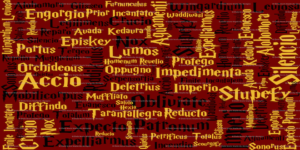 a word cloud of harry potter spells in yellow and black on a red background