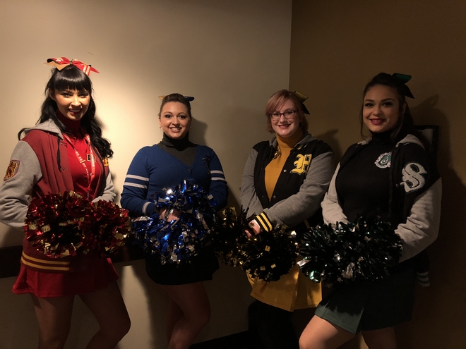 Hogwarts House cheerleaders, featuring Taissa, Krissy, Ashley, and Anastasia