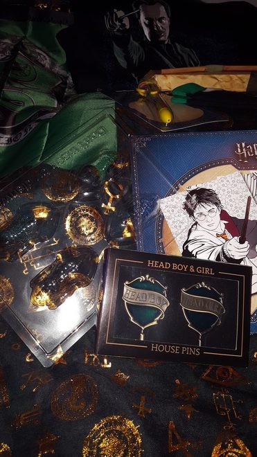 Banner, coloring pages, frog molds, pen, House socks, Ron’s broken wand, Head Boy and Girl pins, Remus Lupin T-shirt