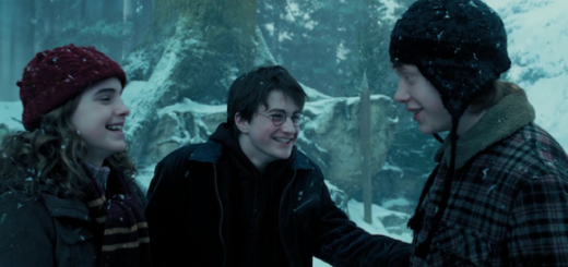 Harry Ron and Hermione laugh in the snow outside the Shrieking Shack