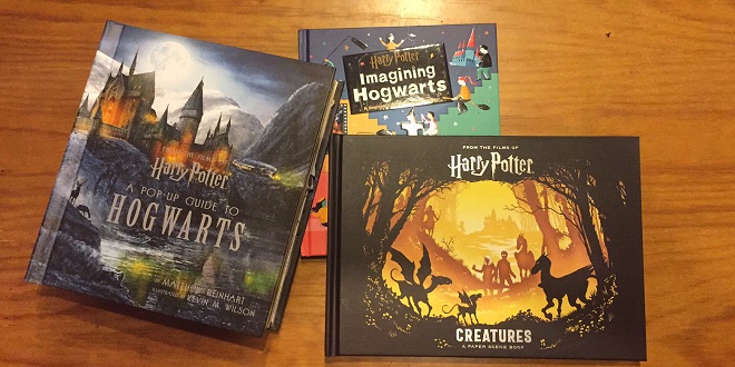 Insight Editions book bundle: “Harry Potter: A Pop-Up Guide to Hogwarts”, “Harry Potter: Creatures: A Paper Scene Book”, and “Harry Potter: Imagining Hogwarts: A Beginner’s Guide to Moviemaking”