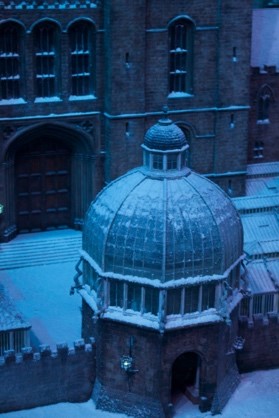 A close-up of Hogwarts covered in snow
