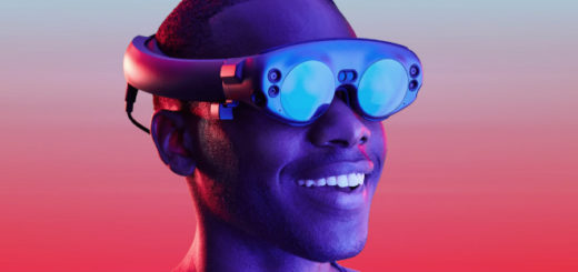 Individual wearing Magic Leap One headset and looking to the right-hand side.