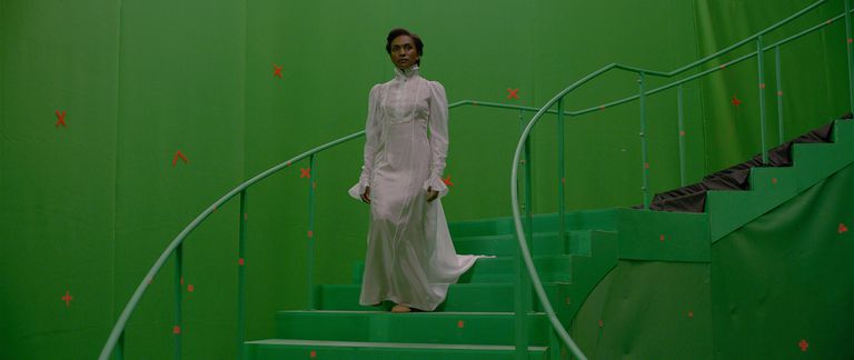 Laurena Kama on the stairs before the special effects have been added.