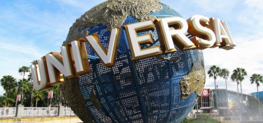 The Universal Studios globe fountain is pictured on a sunny day.